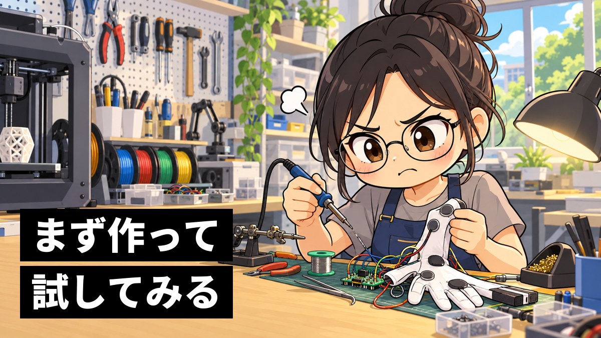 研究室の作業台で、配線のむき出しの試作のグローブを前に、口をへの字にしてにらみながらはんだごてを持つ、黒髪をおだんごにした女子大学院生。「まず作って試してみる」の文字。