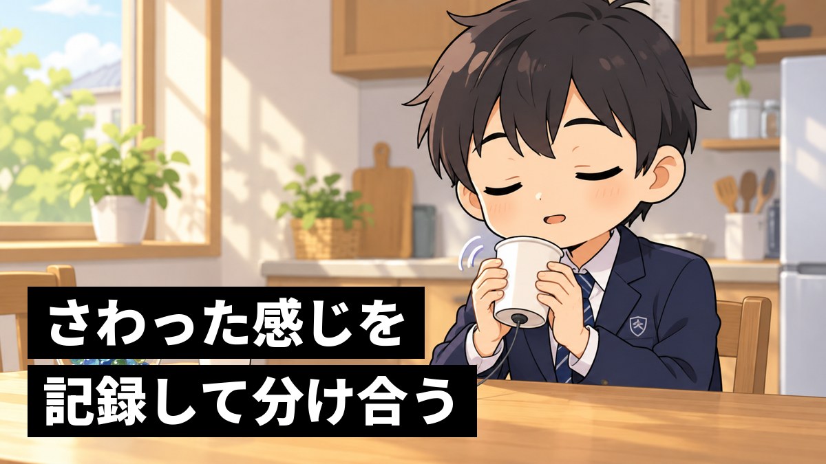 家の台所のテーブルで、小さな装置のついた紙コップを両手で持ち、目を閉じて指先の感触に集中する館山中の男子。「さわった感じを記録して分け合う」の文字。