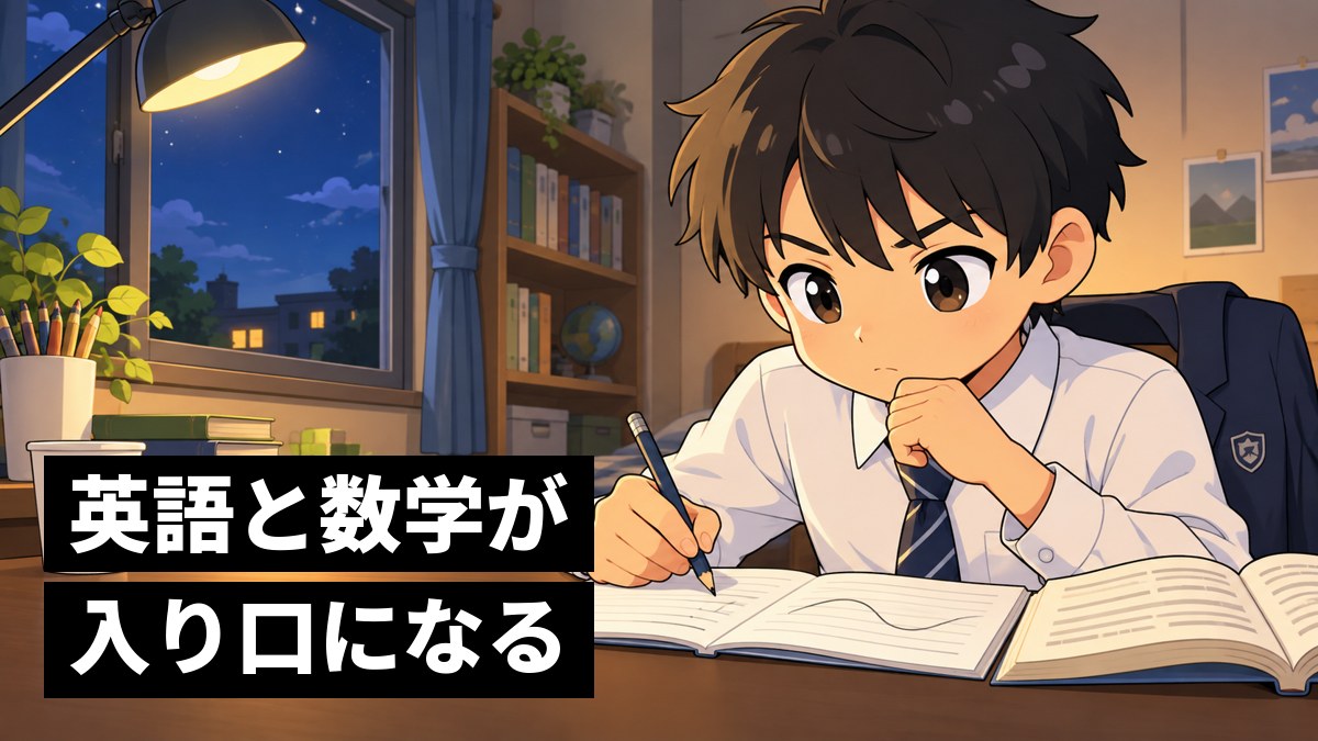 夜の自分の部屋の机で、英単語帳を横に開いたまま、ノートに数学の問題を解くのに没頭する館山中の男子。机の端に紙コップが1つ置いてある。「英語と数学が入り口になる」の文字。