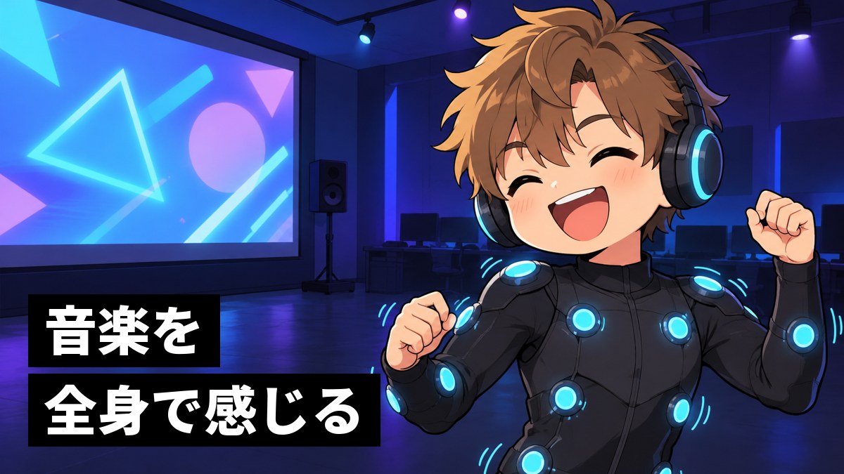 暗いデモの部屋で、体のあちこちが青く光って震えるスーツを着て、ヘッドホンで音楽を聞きながら満面の笑顔ではしゃぐ茶髪の男子大学生。「音楽を全身で感じる」の文字。