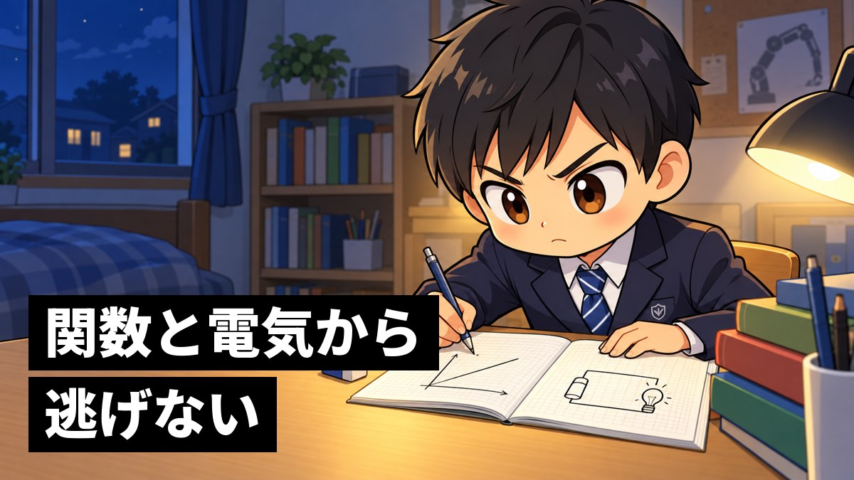 夜の自分の部屋の机で、グラフの問題と電池と豆電球の回路の図が描かれたノートに向かい、眉を寄せて食らいつく制服の中学生の男子。「関数と電気から逃げない」の文字。