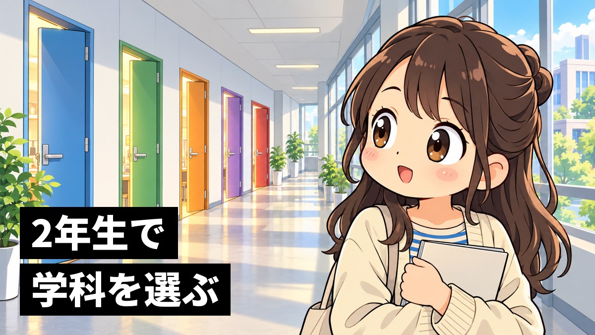 大学の明るい廊下に並ぶ5つの色ちがいのドアを、パンフレットを胸に抱えてワクワクしながら見比べる大学1年生の女子。「2年生で学科を選ぶ」の文字。
