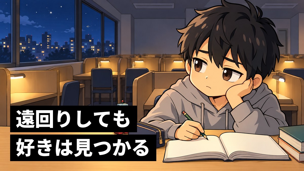 夜の自習室で、参考書を広げたまま、疲れた顔で窓の外の街の明かりを見つめる私服の男子。机のすみに小さなロボットのおもちゃ。「遠回りしても好きは見つかる」の文字。