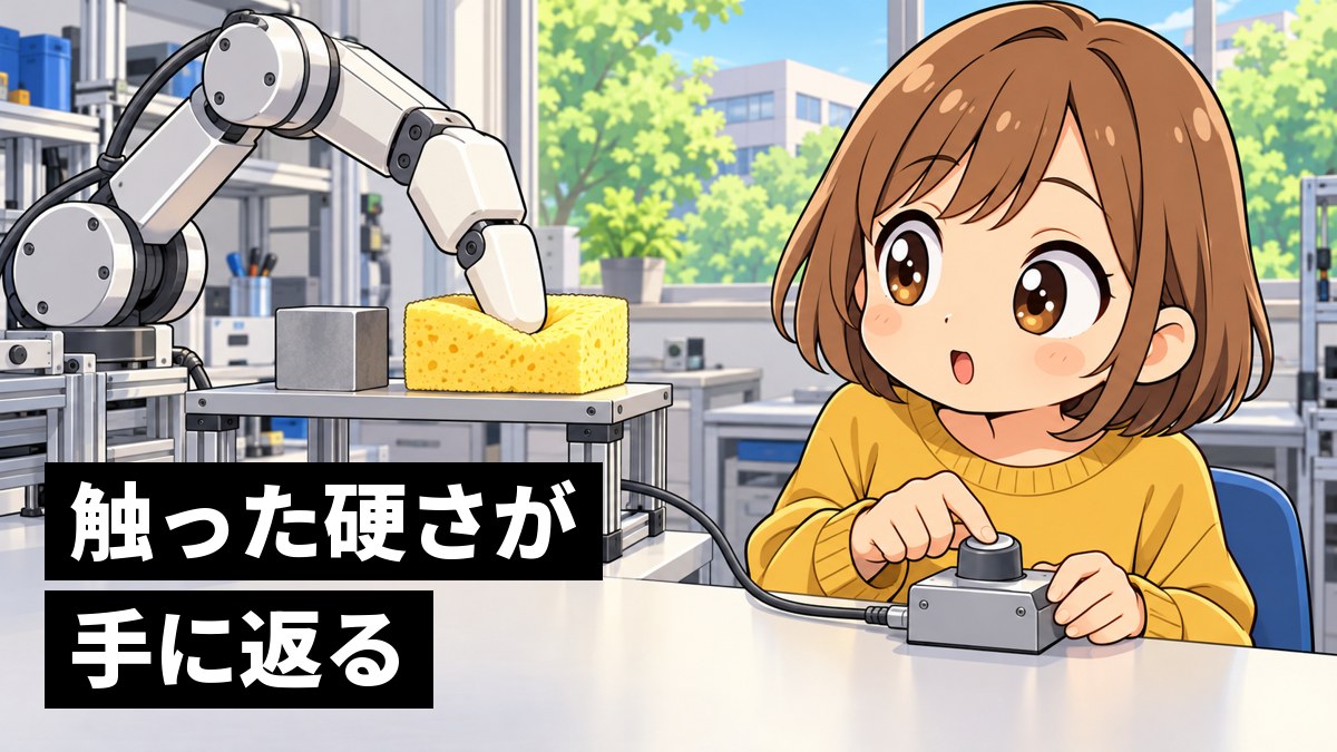 大学の研究室で、手元の操作装置を指で押しながら、離れた台のロボットの指がスポンジを押すのを見て、やわらかさに目を丸くする茶髪ボブの女子大学生。「触った硬さが手に返る」の文字。