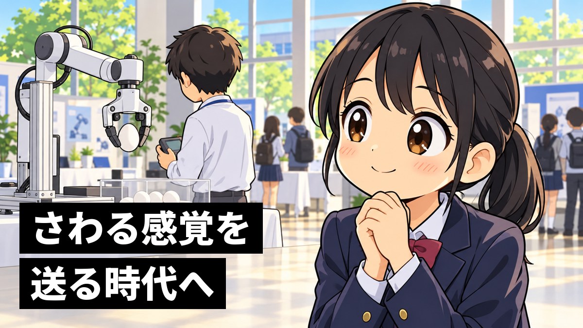 大学の公開イベントの展示で、ロボットの指が卵をそっと持ち上げるのを見て、うれしそうにほほえむ紺のブレザーの女子高校生。「さわる感覚を送る時代へ」の文字。