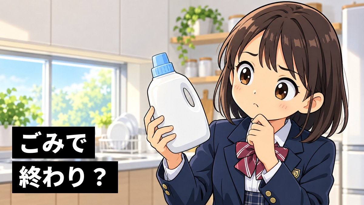 家の台所で、空になった洗剤のボトルを手に持ち、首をかしげて見つめる館山中の女子。「ごみで終わり?」の文字。
