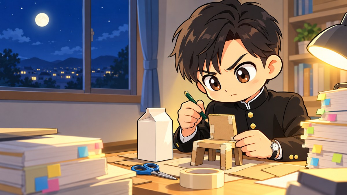 夜の自分の部屋で、牛乳パックや段ボールで作りかけのいすの模型を前に、ペンを握って眉を寄せる安房高の男子。