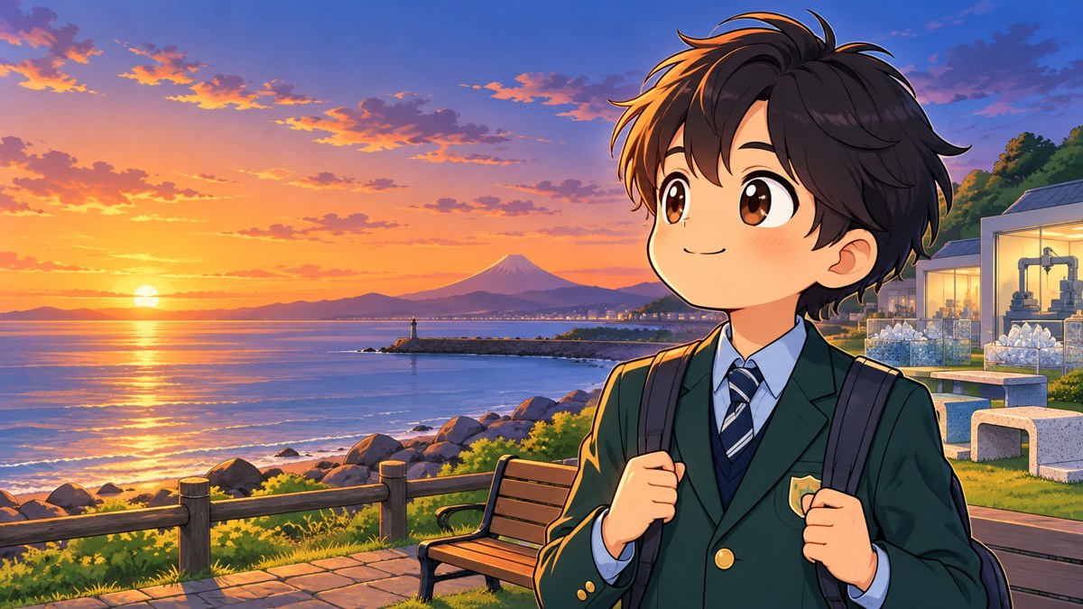 夕方の館山の海辺の公園で、木のベンチの横に立ち、海を見ながら小さくほほえむ志学館高の男子。