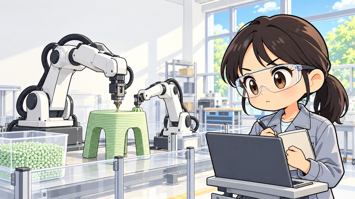 大学の工房で、大小2台のロボットアームが緑の植物由来プラスチックでいすを積み上げるのを、安全柵の外のノートパソコンの横から真剣に見守る女子大学院生。