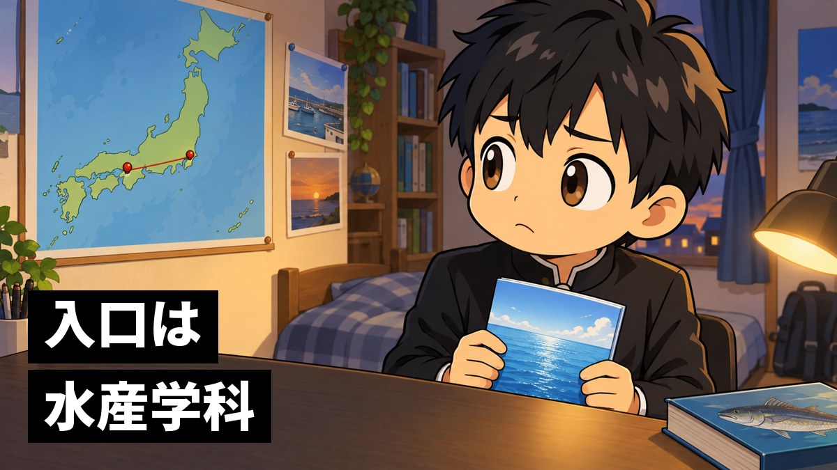 夜の自分の部屋で、大学のパンフレットを手に、日本地図を見ながら少し不安そうな高校生の男子。「入口は水産学科」の文字。
