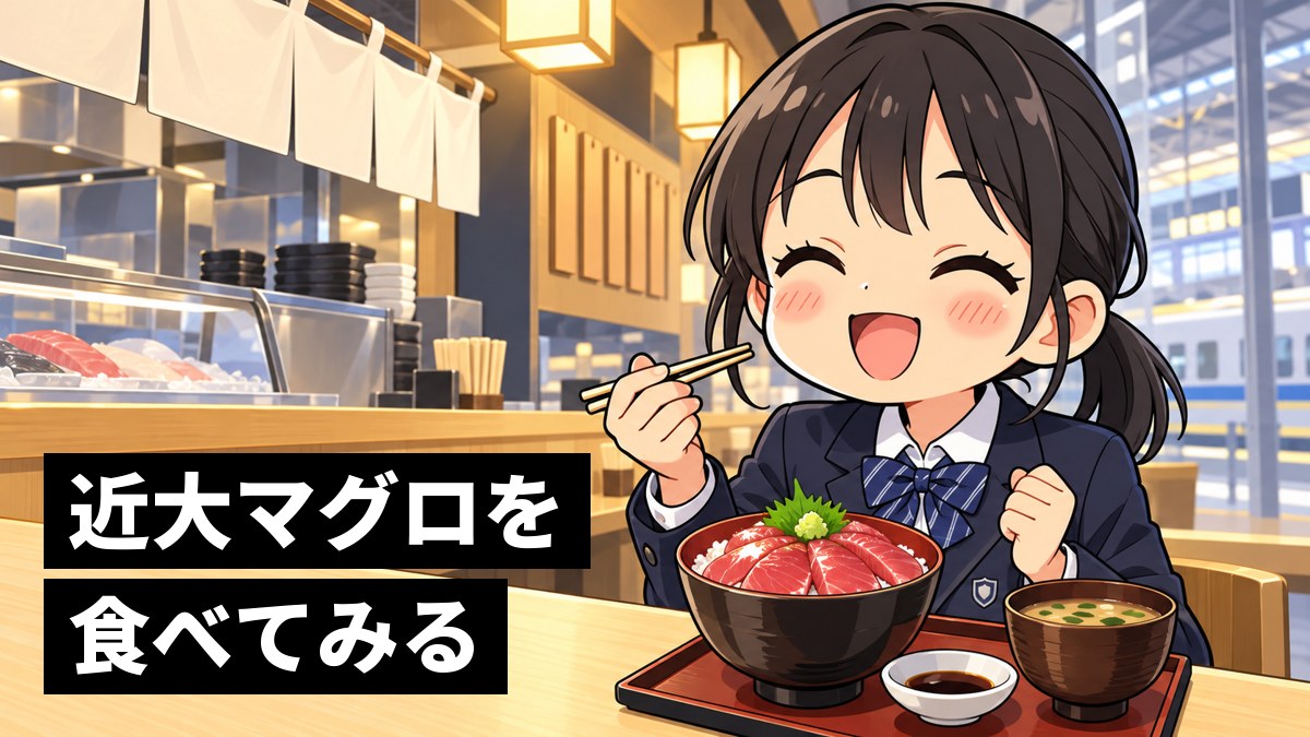 駅の中の和食の店で、マグロの切り身をのせた丼をひと口食べて、満面の笑顔になる館山中の女子。「近大マグロを食べてみる」の文字。
