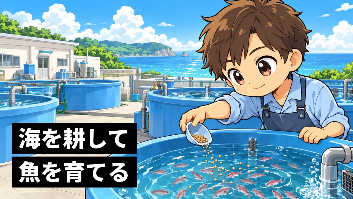 海辺の研究所の屋外水槽で、えさをまいて群がる小さな魚の群れに夢中になる茶髪の男子大学生。「海を耕して魚を育てる」の文字。