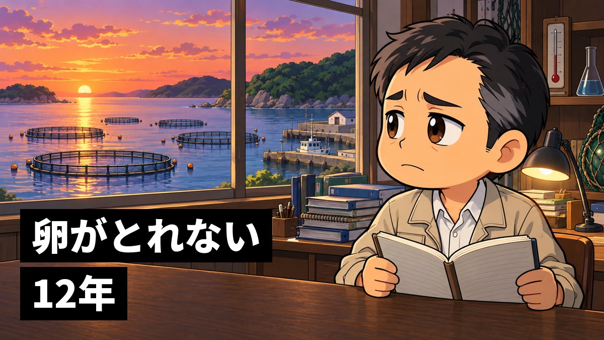 夕方、海辺の古い研究室の窓辺で、記録のノートを手に、外の丸い生簀を見つめて肩を落とす中年の男性研究者。「卵がとれない12年」の文字。