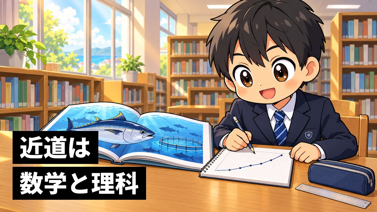 学校の図書室で、マグロの絵の本と育ち方のグラフを見比べながら、ワクワクしてノートに書く館山中の男子。「近道は数学と理科」の文字。