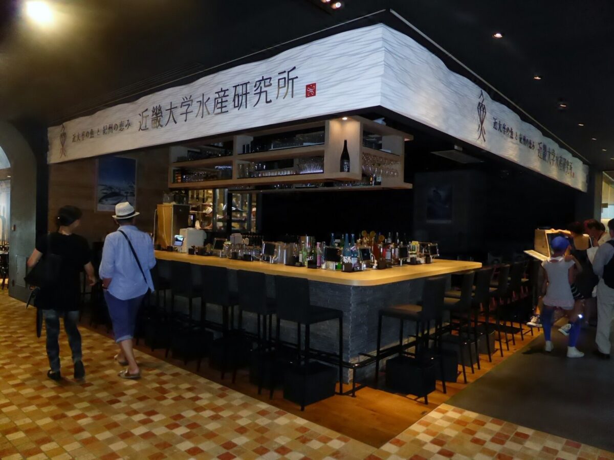 「近畿大学水産研究所」と大きく書かれた看板の下に、木のカウンター席が並ぶ料理店