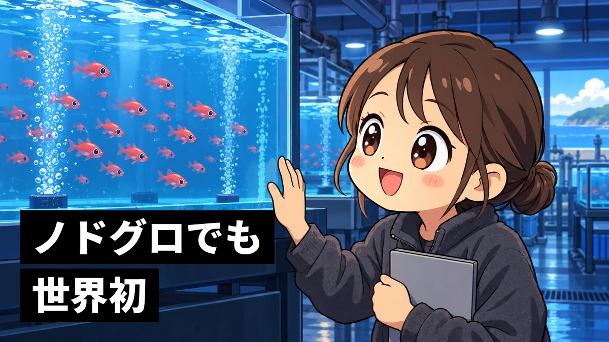 青い光の水槽室で、ガラスの水槽の中を泳ぐ赤い小さな魚の群れを見つけて、目を輝かせて喜ぶ茶髪の女子大学生。「ノドグロでも世界初」の文字。