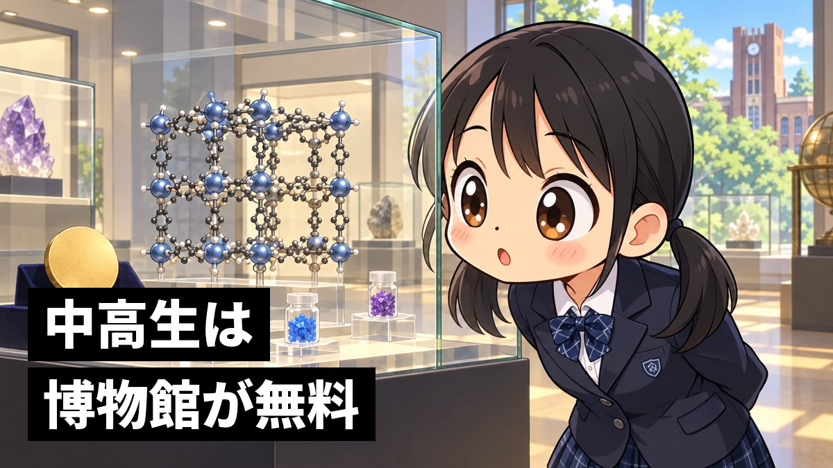大学の博物館の展示室で、ガラスケースの中に並んだ小さな結晶のサンプルの瓶と金色のメダルに、顔を近づけて見入る館山中の女子。「中高生は博物館が無料」の文字。