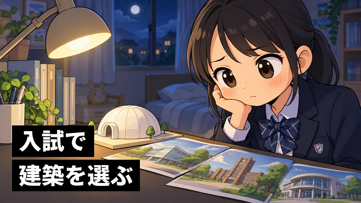 夜の自分の部屋で、大学のパンフレットを前に、建築に決めていいのか少し迷って考えこむ館山中の女子。「入試で建築を選ぶ」の文字。
