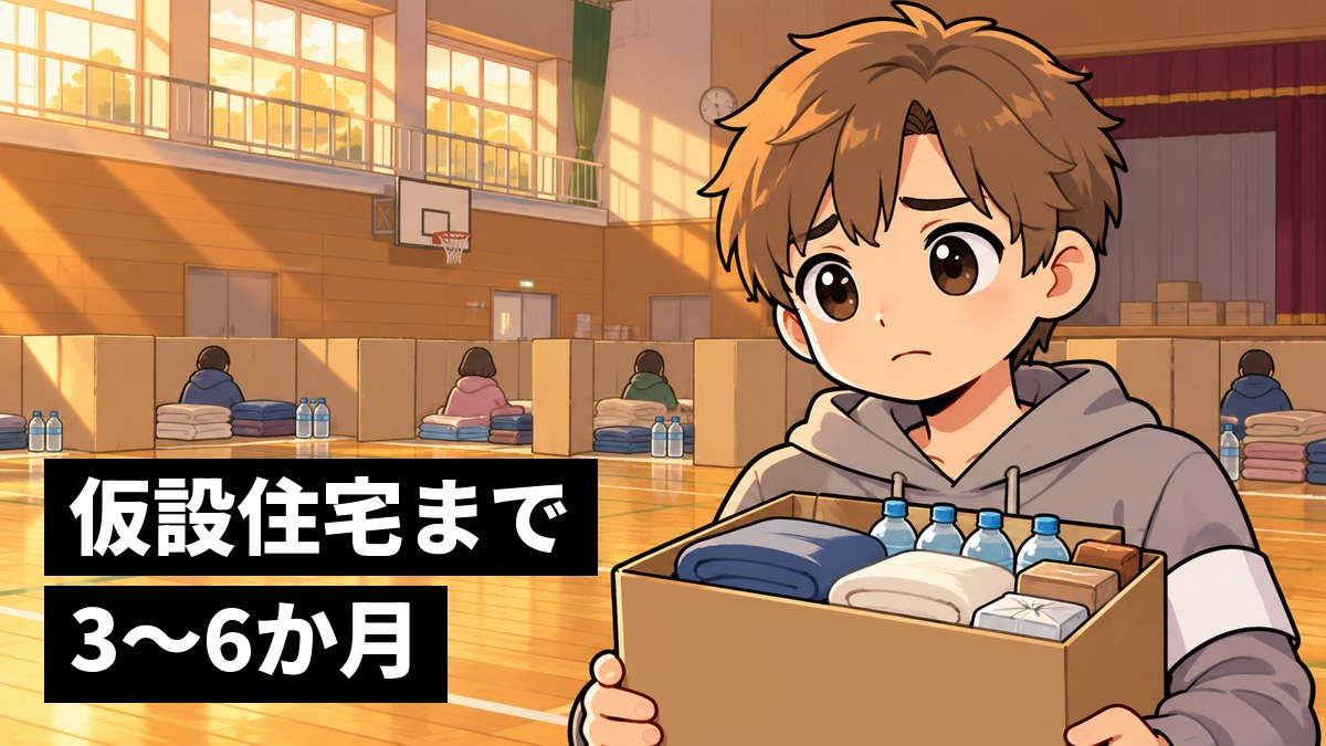 体育館の避難所で、段ボールのしきりと毛布が並ぶのを見つめ、胸を痛めた表情の茶髪の男子大学生。「仮設住宅まで3〜6か月」の文字。