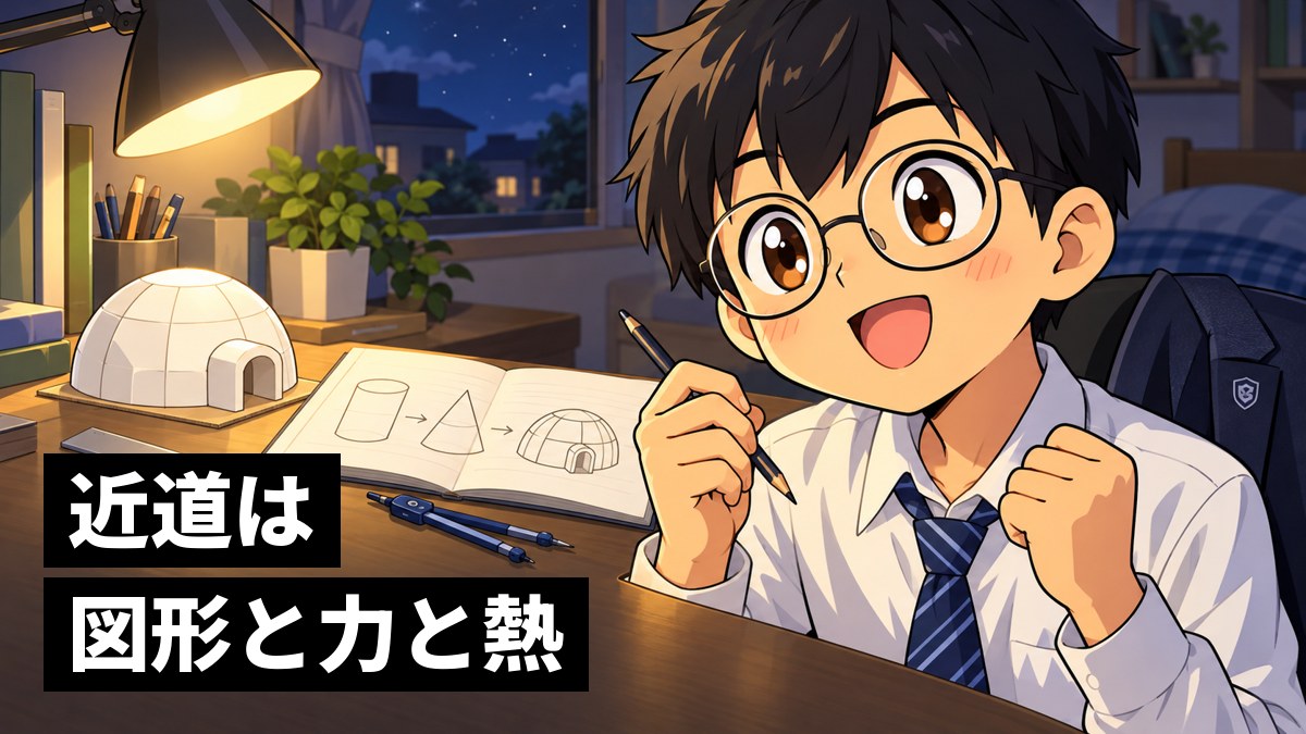 夜の自分の部屋で、ノートに円柱と円すいの家の図を描きながら、解けそうになってワクワクする館山中の男子。「近道は図形と力と熱」の文字。