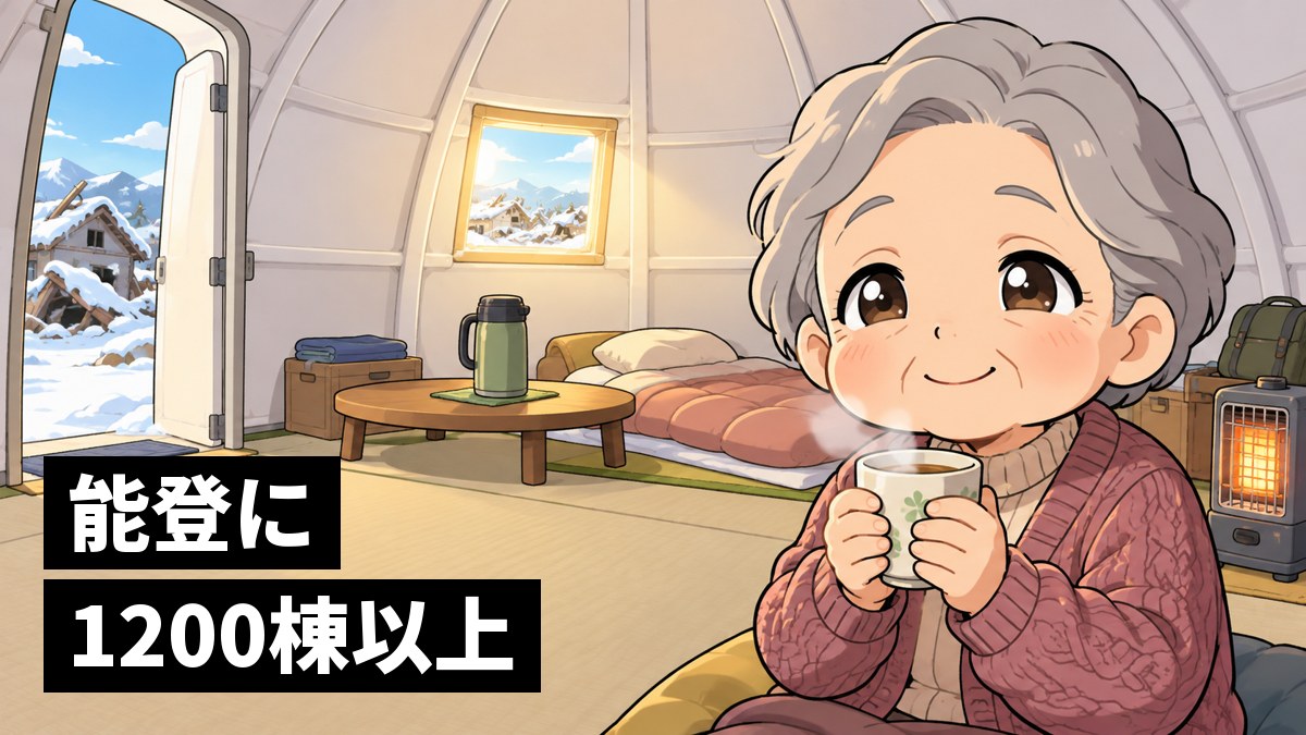 白いドーム形の家の中で、温かいお茶の湯気に包まれ、ほっとした笑みを浮かべる年配の女性。「能登に1200棟以上」の文字。
