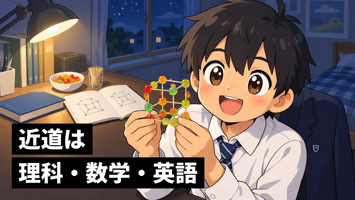 夜の自分の部屋の机で、グミとつまようじで組み立てた立方体の結晶の模型を完成させ、うれしそうに掲げる館山中の男子。机には理科のノートと英単語帳。「近道は理科・数学・英語」の文字。