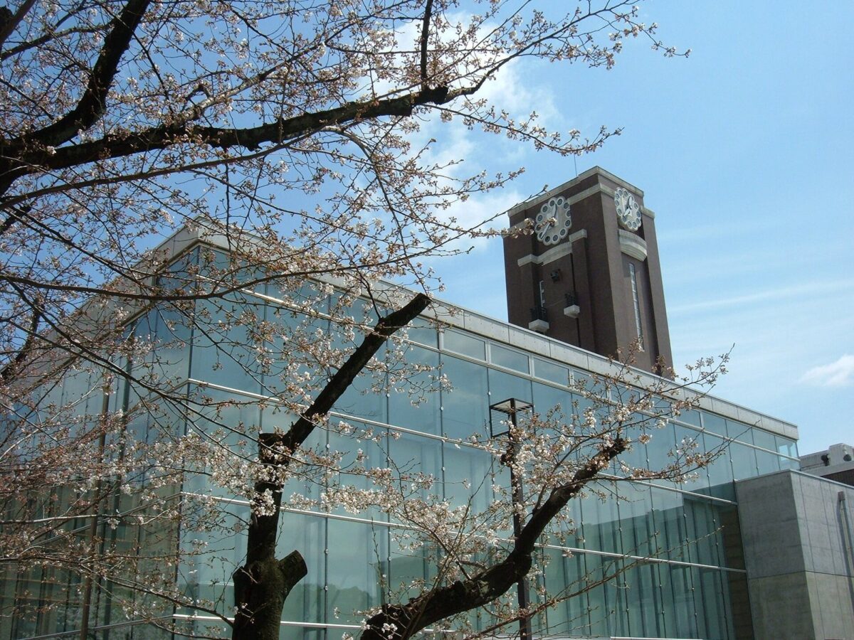 桜の枝の向こうに、ガラス張りの建物と、時計のついたれんが色の塔が見える