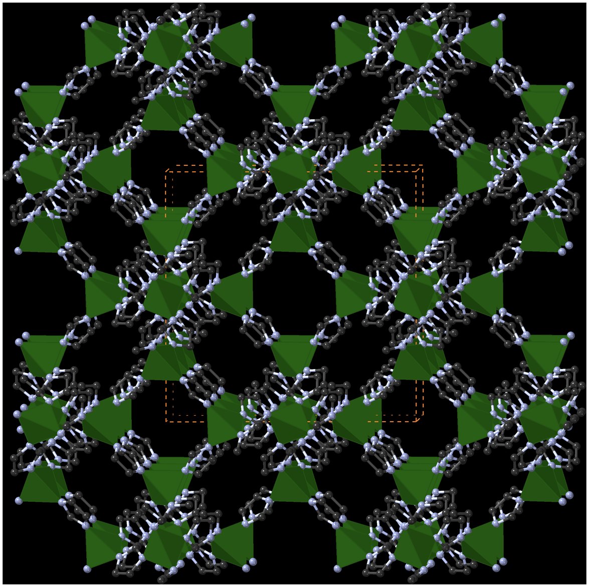 黒い背景に、緑の四角すいと、黒と青の玉でできた分子が交互につながり、あちこちに大きなすき間がある結晶の図