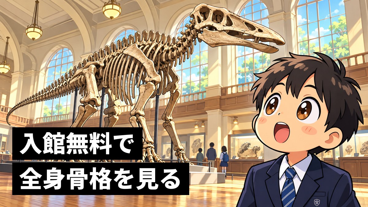博物館の展示室で、見上げるほど大きな草食恐竜の全身骨格を、口を開けてわくわくしながら見上げる館山中の男子。「入館無料で全身骨格を見る」の文字。