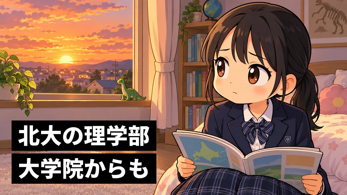 夕方の自分の部屋の窓辺で、大学案内を手に、少し心細そうに遠くを見る館山中の女子。「北大の理学部、大学院からも」の文字。