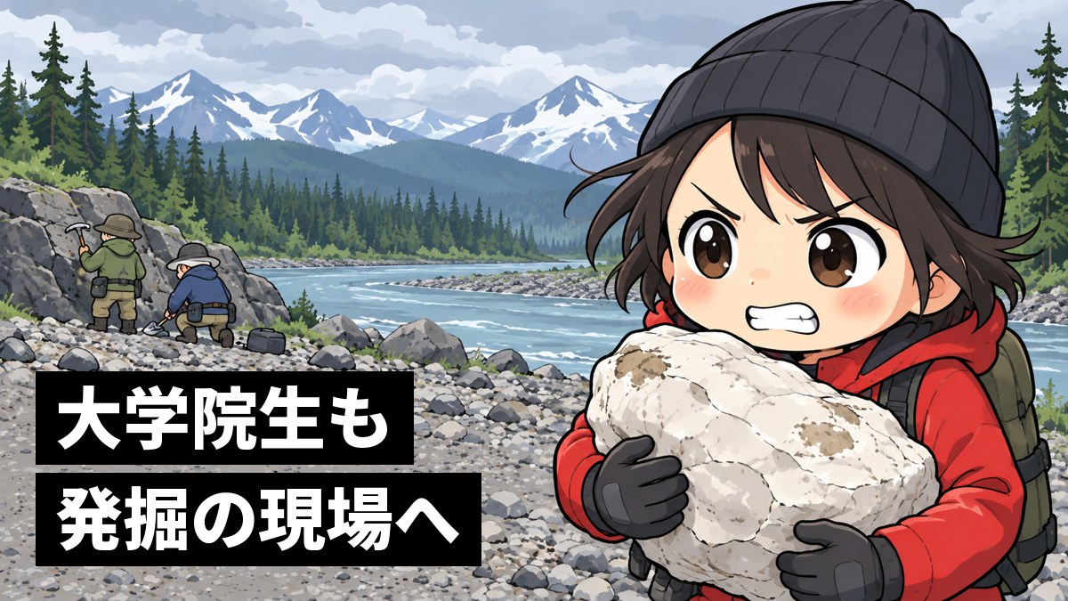 冷たい風の吹く北の川岸で、化石を包んだ重い白い石膏のかたまりを抱えて運び、歯を食いしばってふんばる黒髪の女性研究者。「大学院生も発掘の現場へ」の文字。
