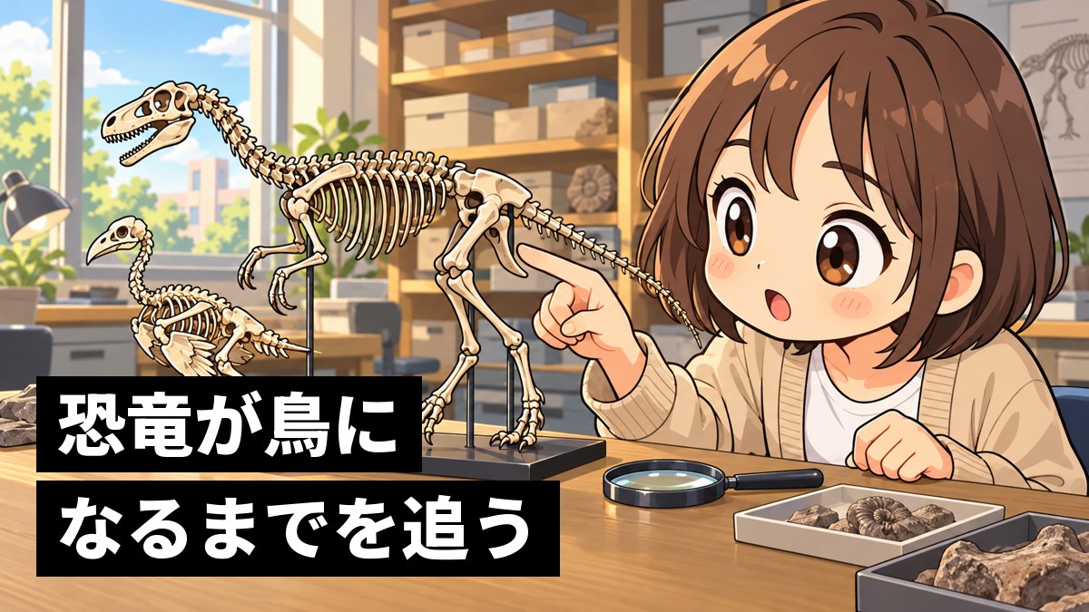 大学の研究室の机で、小さな恐竜の骨格模型とニワトリの骨格を見比べ、似ていることに夢中になる茶髪の女子大学生。「恐竜が鳥になるまでを追う」の文字。