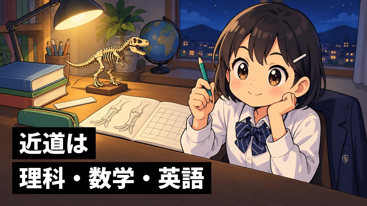 夜の自分の机で、恐竜の骨の絵と表をノートに書き終え、得意げにうれしそうな館山中の女子。「近道は理科・数学・英語」の文字。