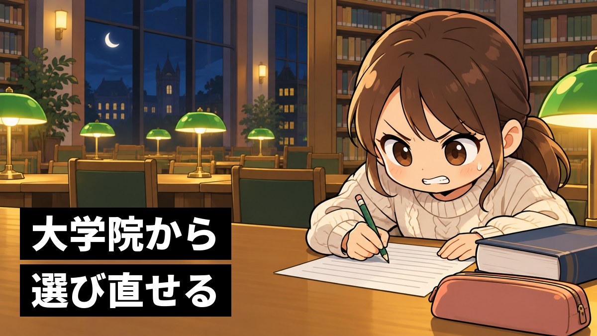 夜の大学の図書館で、大学院の入試に向けて、歯を食いしばり眉を寄せて問題集に向かう茶髪の女子大学生。「大学院から選び直せる」の文字。