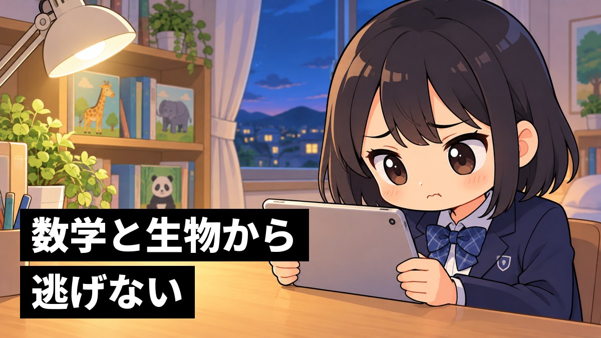 家の机で、タブレットの数字の記憶ゲームに挑戦して、チンパンジーの記録に届かず悔しそうに肩を落とす館山中の女子。「数学と生物から逃げない」の文字。