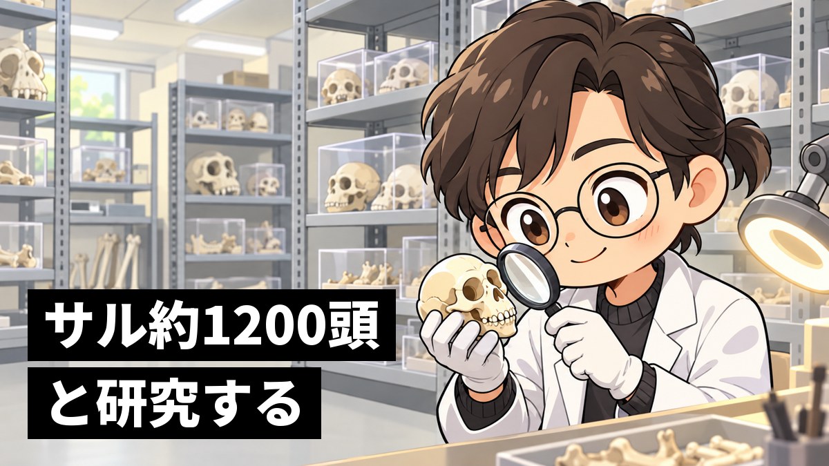 骨の標本が並ぶ棚の前で、サルの頭の骨を手に取り、ルーペで夢中で観察する大学院生の男性。「サル約1200頭と研究する」の文字。