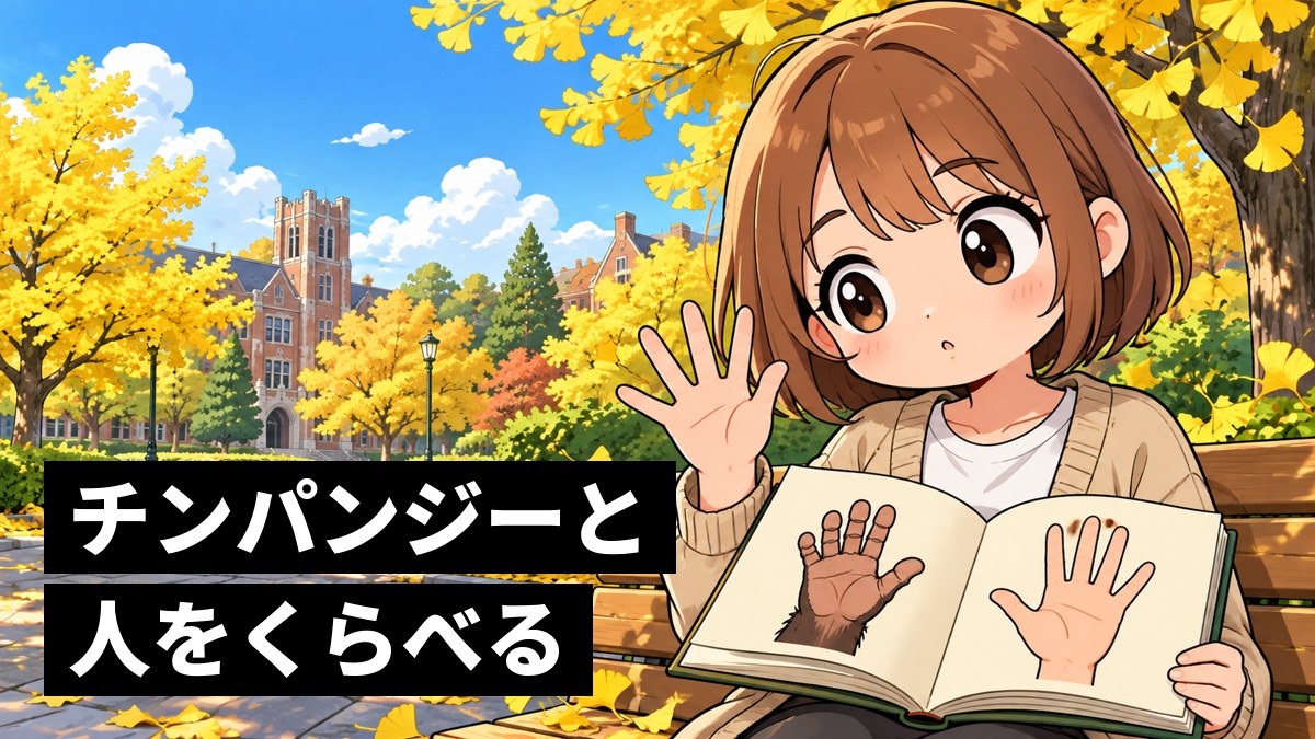 大学のキャンパスのベンチで、チンパンジーの手と人の手が並んだ図鑑を開き、自分の手と見くらべて夢中で考えこむ茶髪の女子大学生。「チンパンジーと人をくらべる」の文字。