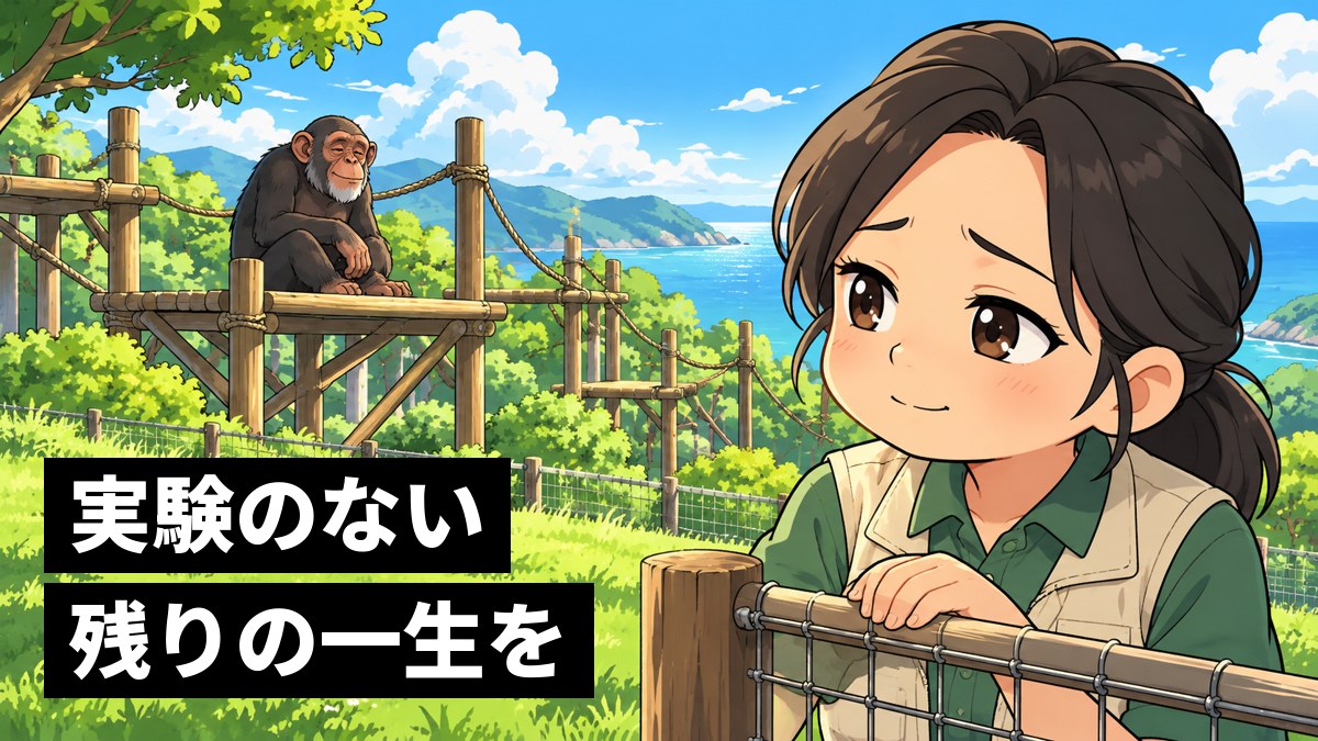 緑の丘の上の広い運動場で、ひなたぼっこをする年をとったチンパンジーを、柵の外から少しせつない目で見守る女性の研究者。「実験のない残りの一生を」の文字。