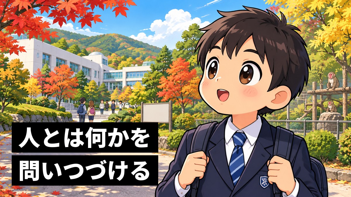 秋の大学の一般公開の日、木々に囲まれた研究所の建物を見上げて、わくわくした顔をする館山中の男子。「人とは何かを問いつづける」の文字。
