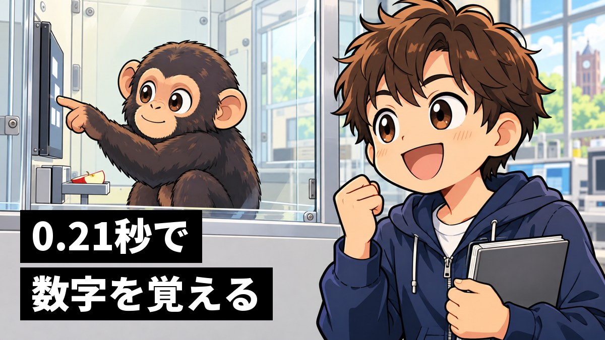 研究所の実験室で、ガラスの向こうのチンパンジーがタッチパネルの四角を次々と押して正解したのを見て、目を輝かせて喜ぶ茶髪の男子大学生。「0.21秒で数字を覚える」の文字。