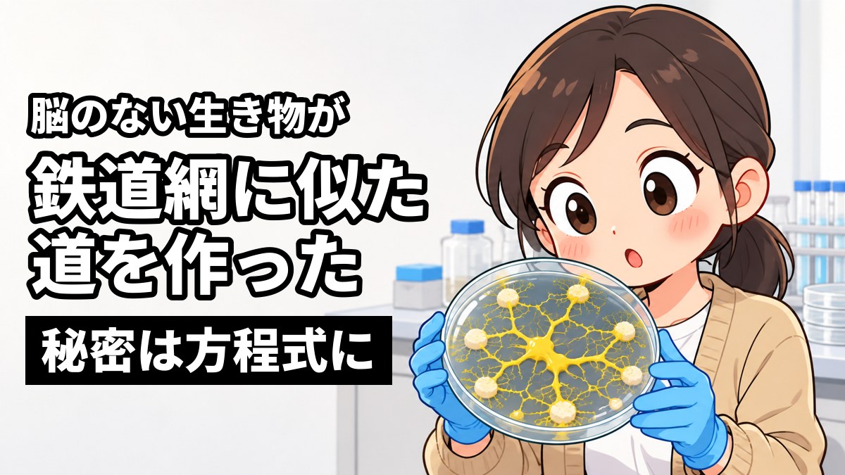 大学の研究室で、黄色い網目の粘菌が広がる透明な平皿を両手で持ち、目を見開いて見つめる女子大学院生。「脳のない生き物が」「鉄道網に似た道を作った」「秘密は方程式に」の文字。