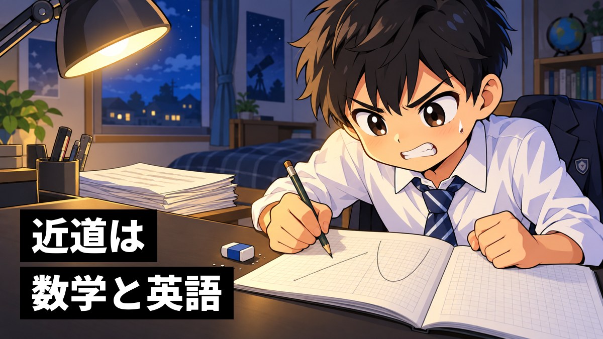 夜の自分の部屋の机で、関数のグラフの問題が解けずに悔しくて歯を食いしばり、鉛筆を握り直す館山中の男子。机には英語の長文のプリントもある。「近道は数学と英語」の文字。