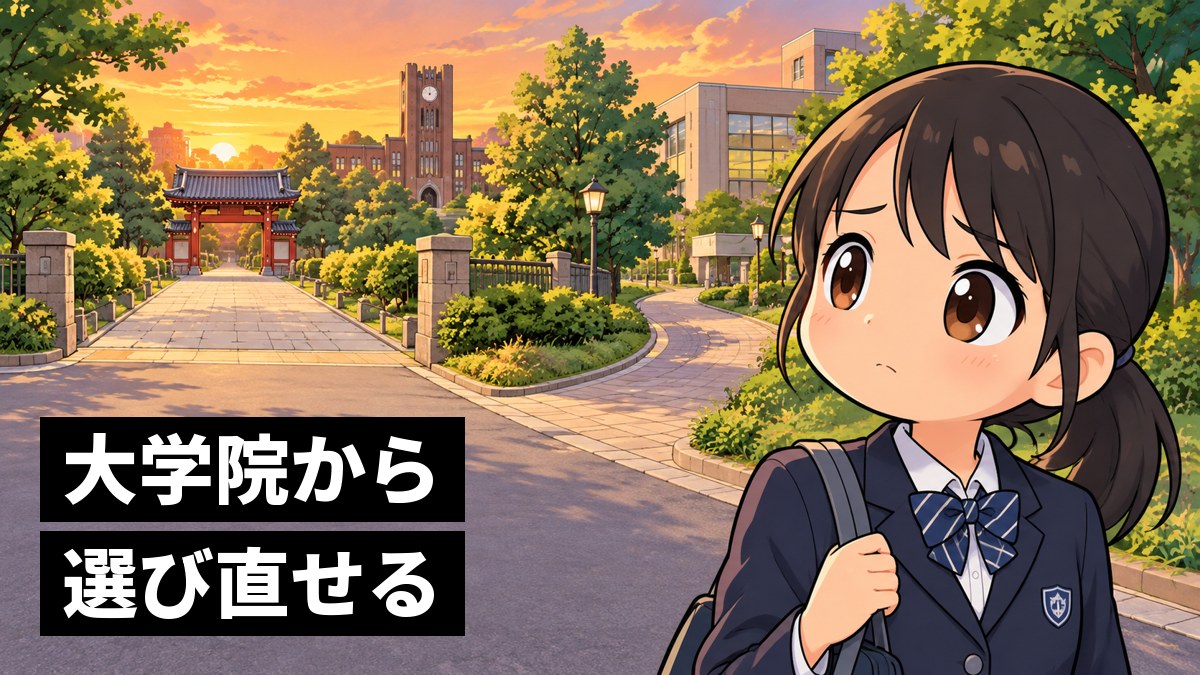 夕方、遠くに見える大学の赤い門と古い校舎を見上げて、少ししょんぼりする館山中の女子。足元から門へ、道が2本に分かれてのびている。「大学院から選び直せる」の文字。
