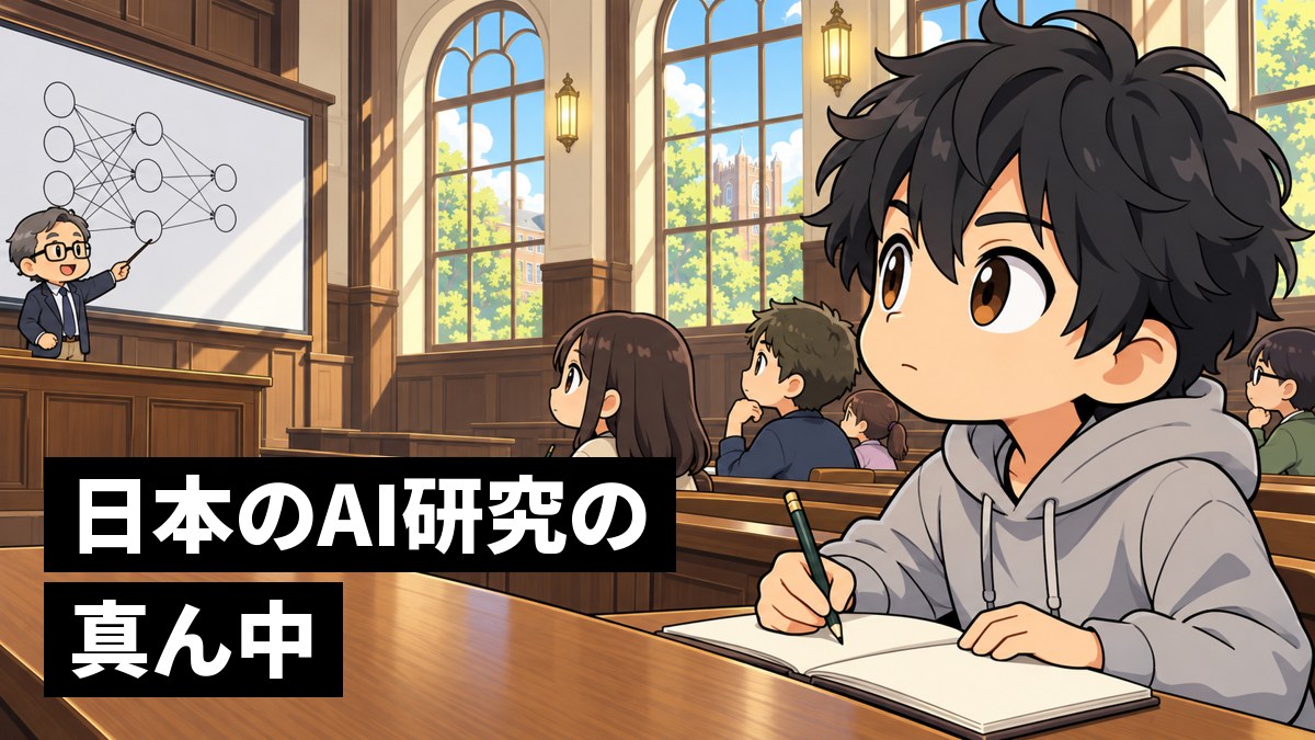 大学の講義室で、先生がホワイトボードに描いたつながった丸の図の説明を、真剣な顔で夢中でメモしながら聞く大学生の男子。「日本のAI研究の中心」の文字。