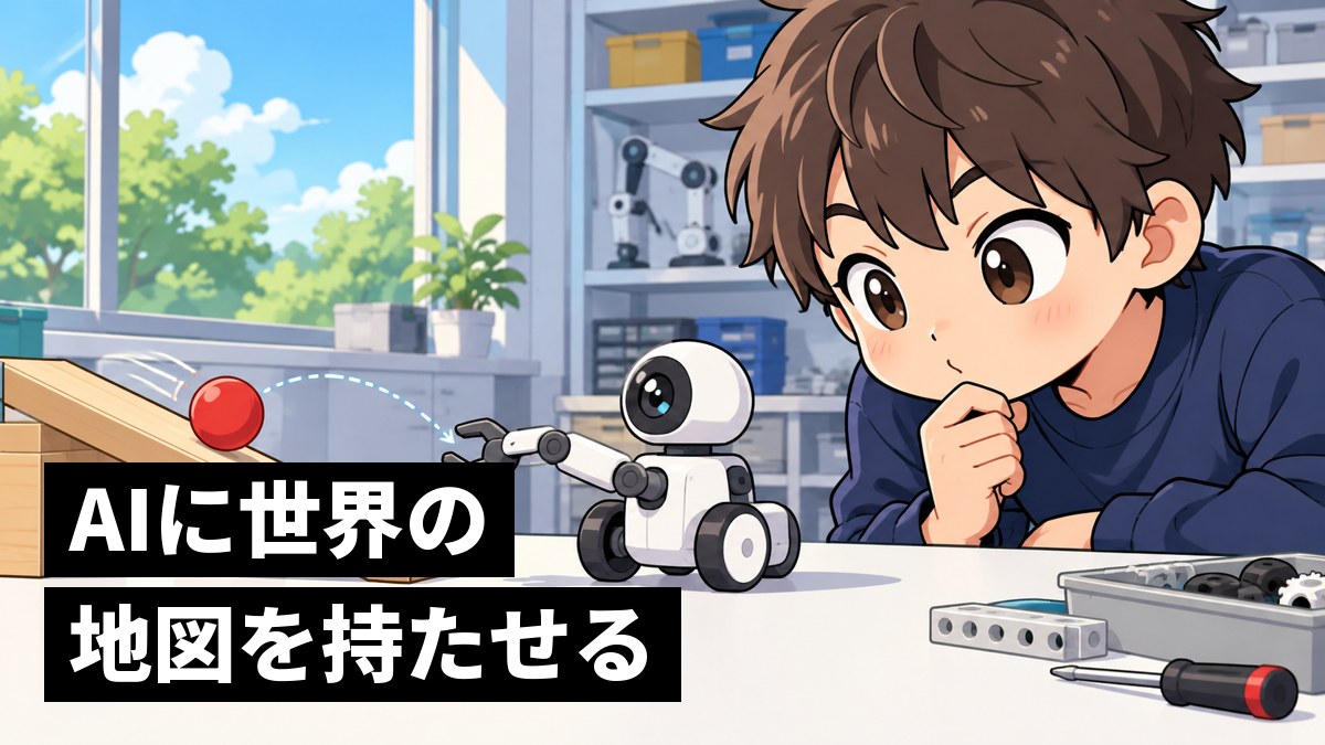 大学の研究室で、小さなロボットが転がるボールの行き先を予想するように手を伸ばすのを、首をかしげて夢中で見つめる茶髪の男子大学生。「AIに世界の地図を持たせる」の文字。