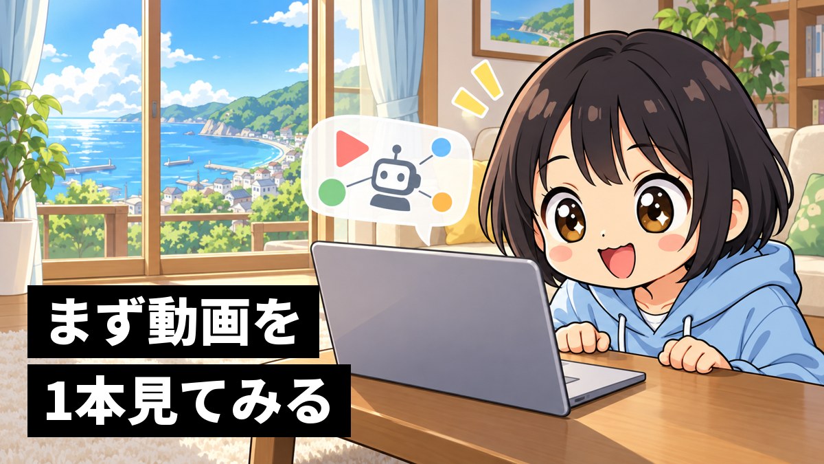 休日のリビングで、ノートパソコンでAIの講義の動画を見ながら、目を輝かせて身を乗り出す館山中の女子。「まず動画を1本見てみる」の文字。