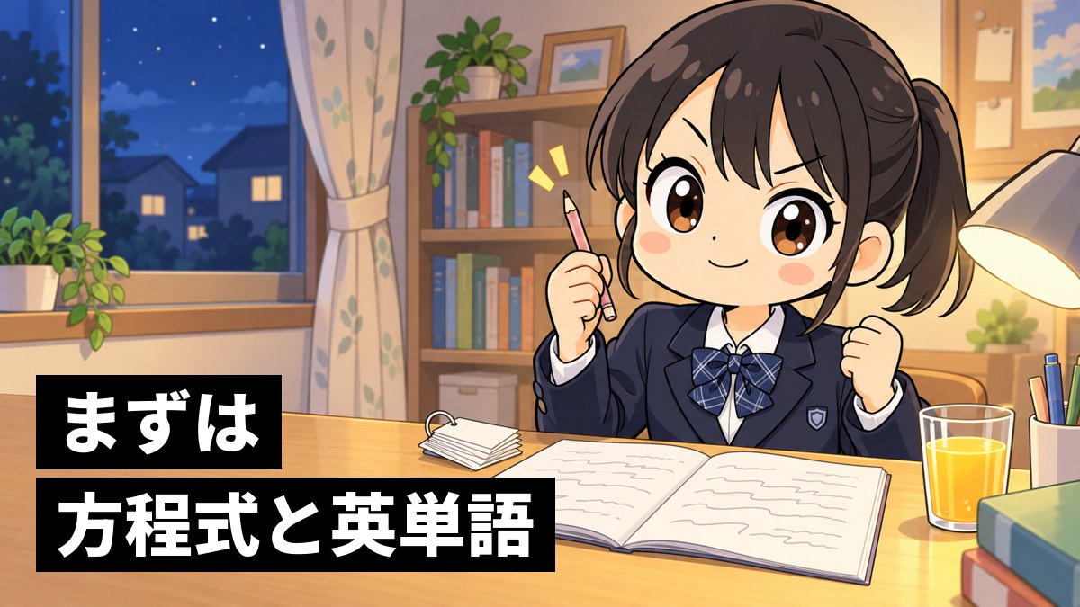 家の勉強机で、数学のノートと英単語カードを前に、方程式が解けて得意げにうなずく館山中の制服の女子。「まずは方程式と英単語」の文字。