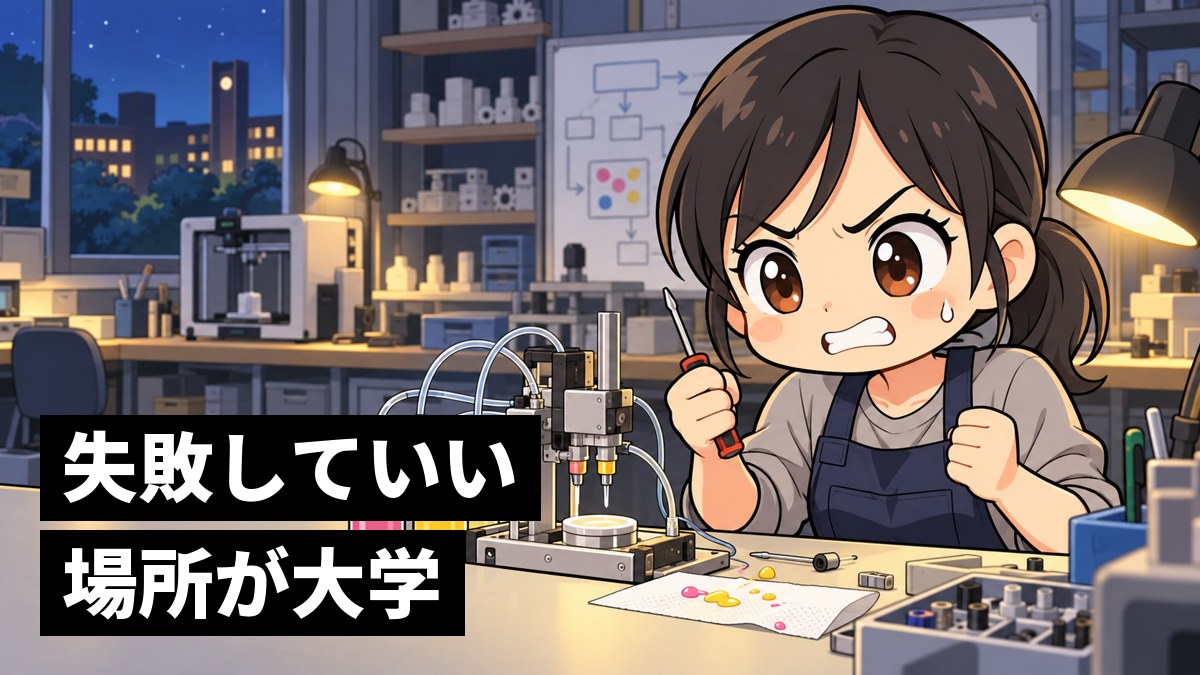 夜の研究室で、液体を混ぜる試作の機械からしずくがこぼれて失敗し、くやしくて歯を食いしばる、黒髪を後ろで結んだ大学院生の女性。「失敗していい場所が大学」の文字。