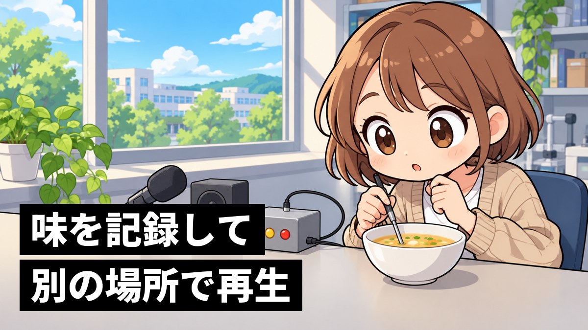研究室の作業台で、スープの器に細い棒の形の味センサを差し、横の装置のランプを身を乗り出して夢中で見るショートボブの女子大学生。「味を記録して別の場所で再生」の文字。