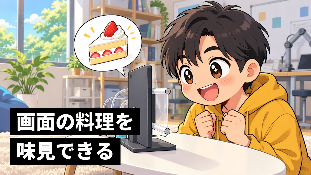 研究室の展示コーナーで、小型のテレビの前に顔を近づけ、味見をして満面の笑顔になる大学生の男性。吹き出しの中にいちごのケーキ。「画面の料理を味見できる」の文字。